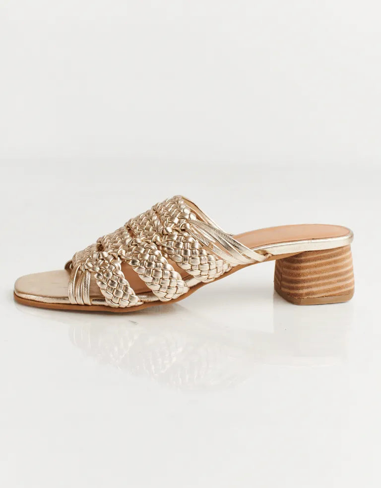 RIVIERA - GOLD leather woven geometric block heel sandals