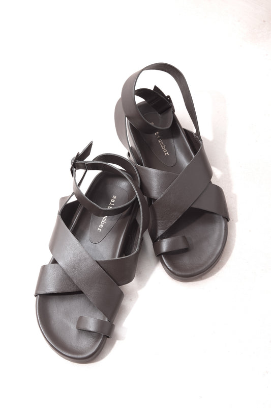 CAMILLA - BLACK leather toe loop ankle strap footbed sandal