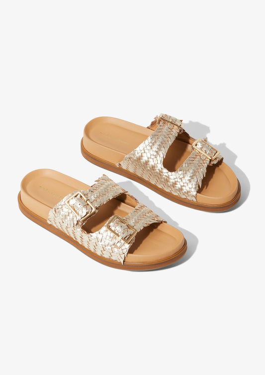 SANTIAG0 - GOLD metallic woven leather footbed buckle slide