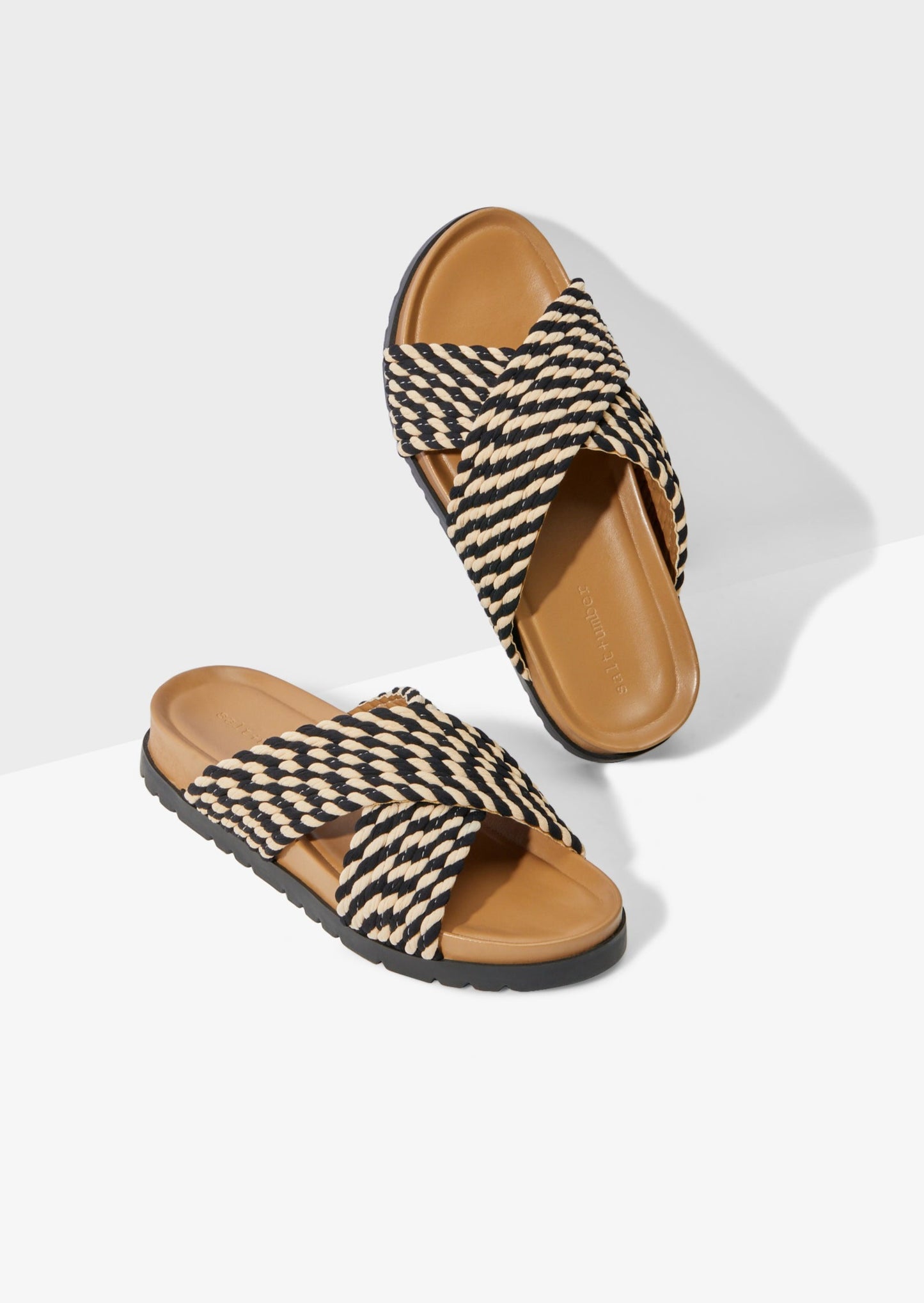 SOLANA-BLACK/WHITE MULTI vegan rope cross band slide platform sandal