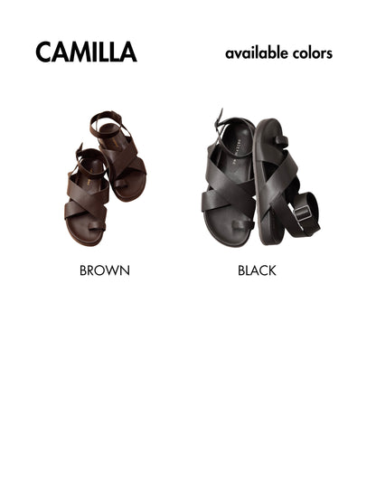 CAMILLA - BLACK leather toe loop ankle strap footbed sandal