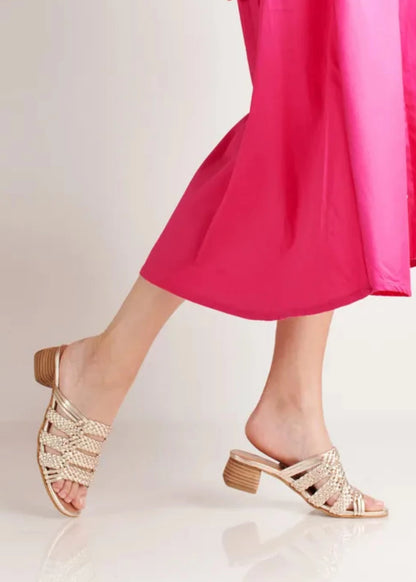 RIVIERA - GOLD leather woven geometric block heel sandals