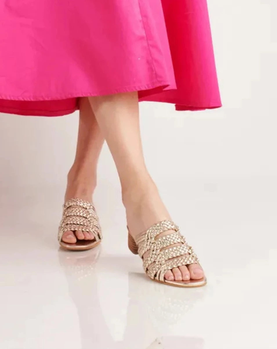 RIVIERA - GOLD leather woven geometric block heel sandals