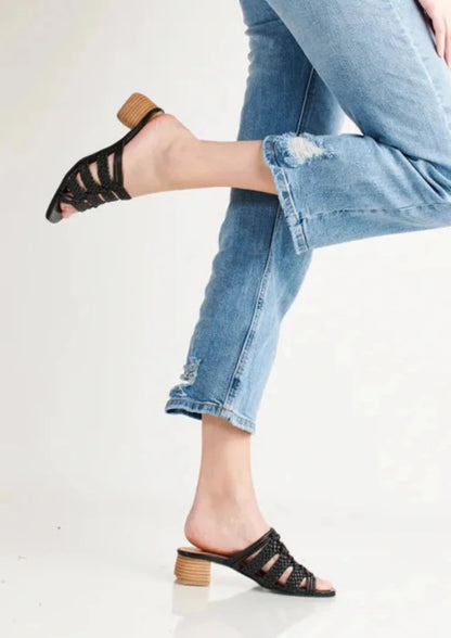 RIVIERA - BLACK leather woven geometric block heel sandals