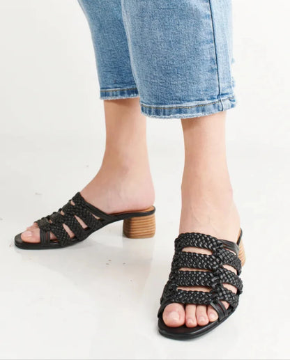 RIVIERA - BLACK leather woven geometric block heel sandals