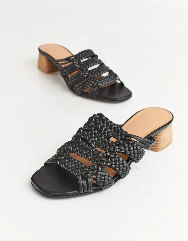 RIVIERA - BLACK leather woven geometric block heel sandals