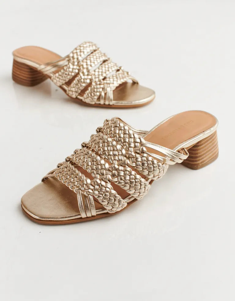 RIVIERA - GOLD leather woven geometric block heel sandals