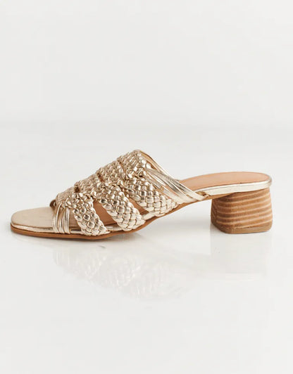 RIVIERA - GOLD leather woven geometric block heel sandals