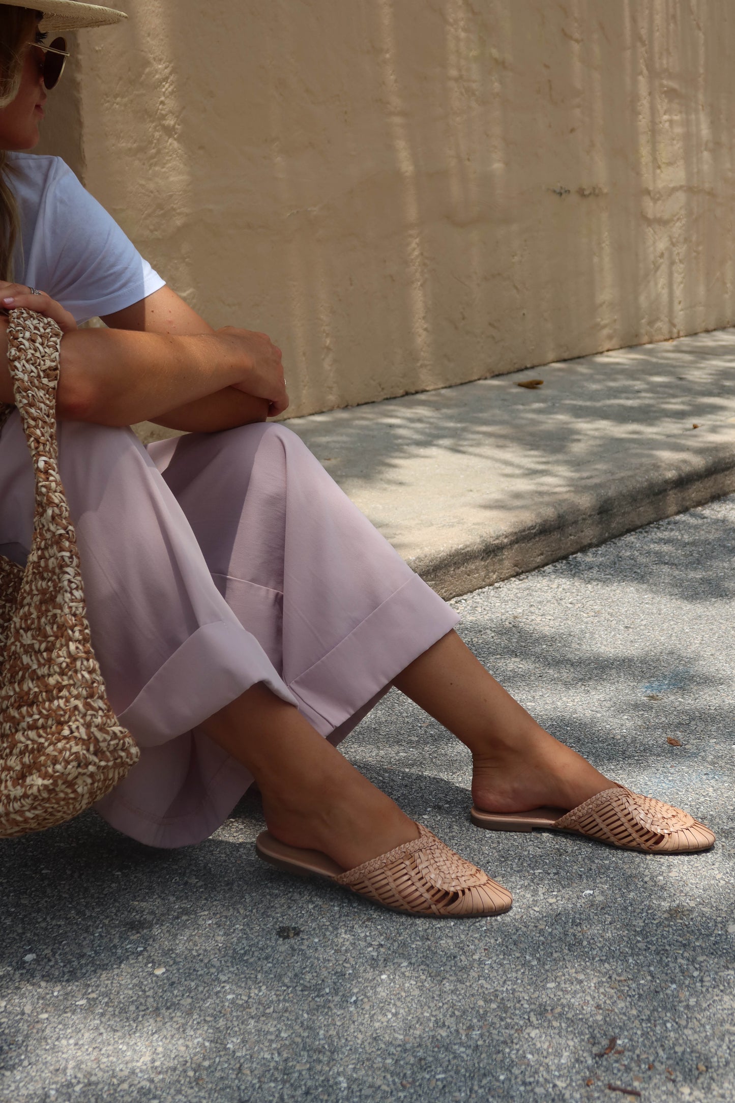 ARI - VINTAGE PINK basketweave leather mules