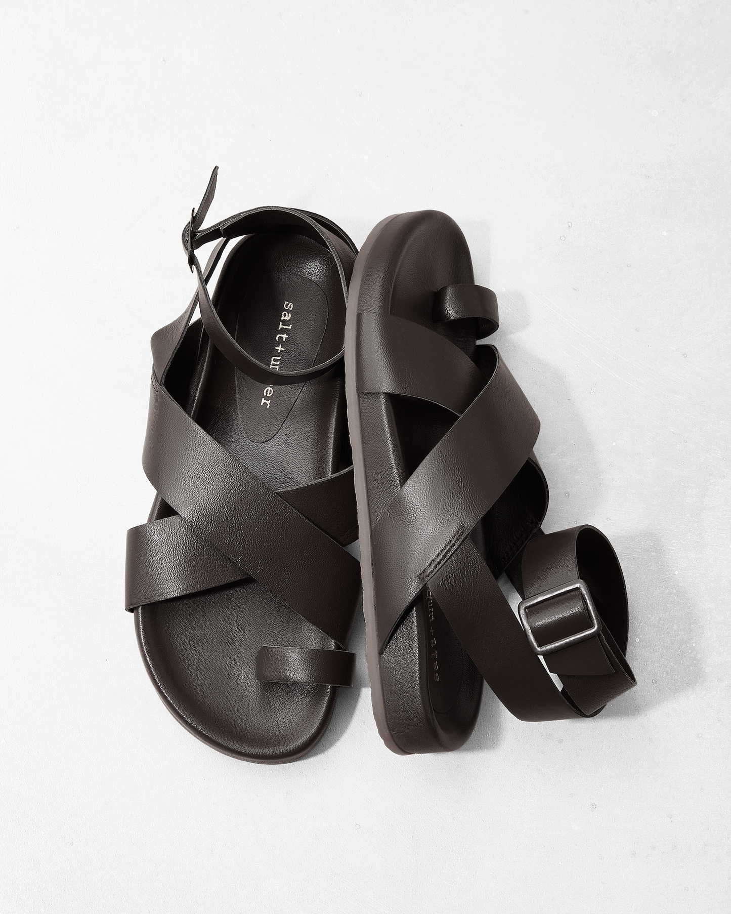 CAMILLA - BLACK leather toe loop ankle strap footbed sandal