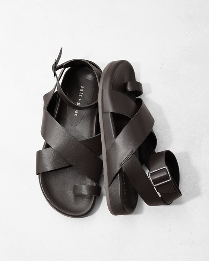 CAMILLA - BLACK leather toe loop ankle strap footbed sandal