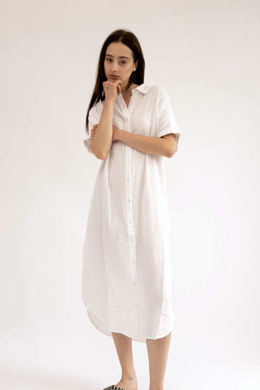 CAPRI - WHITE BUTTON DOWN MIDI DRESS