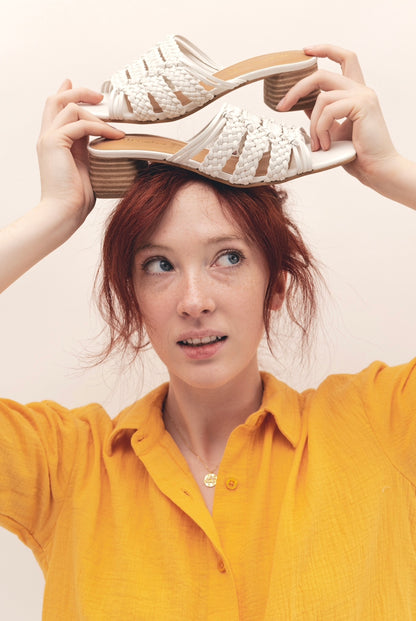 RIVIERA - WHITE leather woven geometric block heel sandals