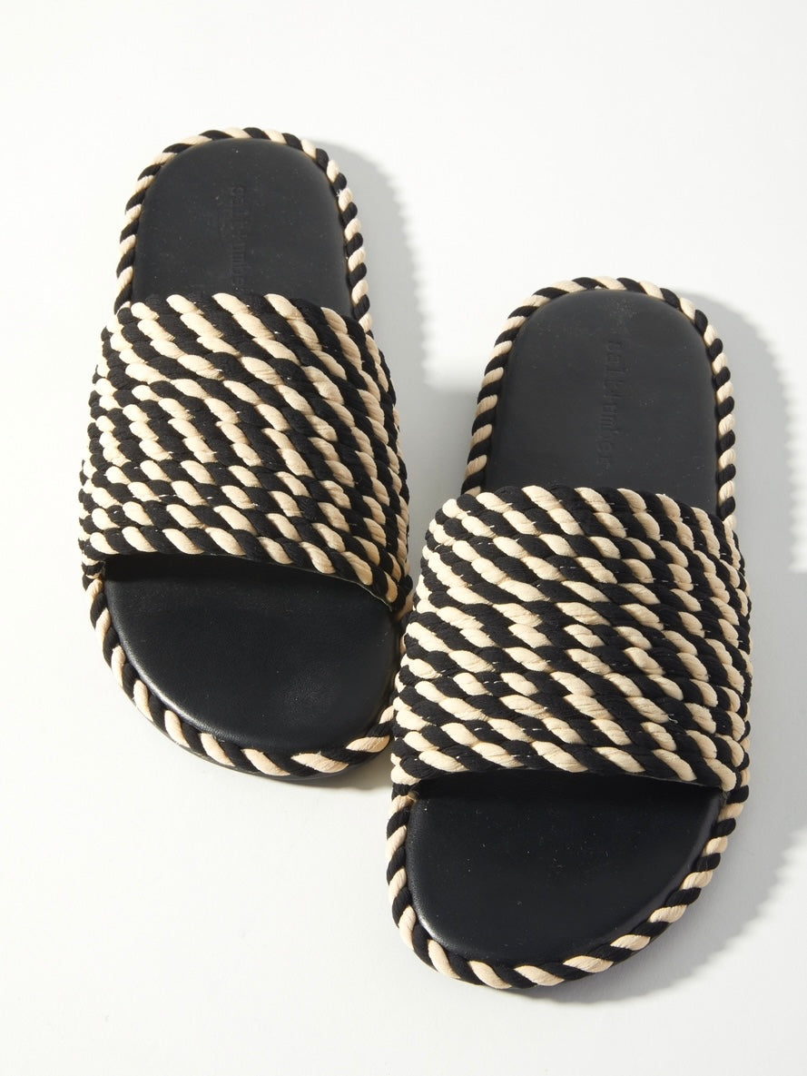 SUNSHINE-BLACK WHITE vegan rope footbed slide sandal