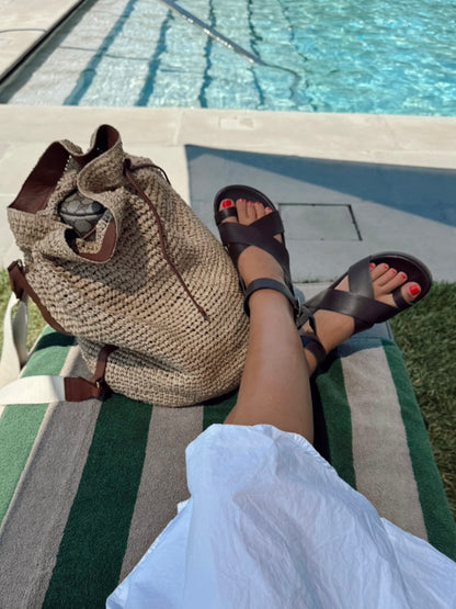 CAMILLA-BROWN toe loop ankle strap leather footbed sandal