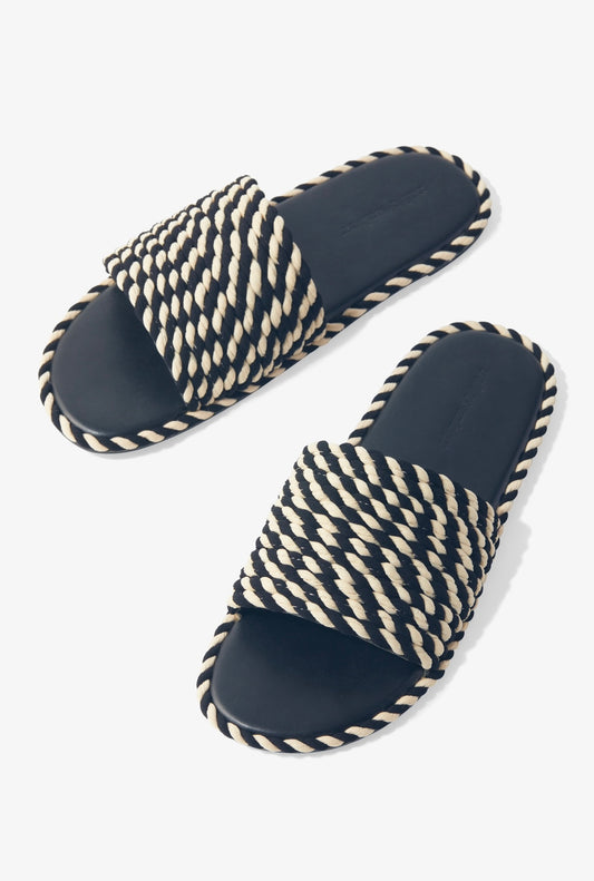 SUNSHINE-BLACK WHITE vegan rope footbed slide sandal