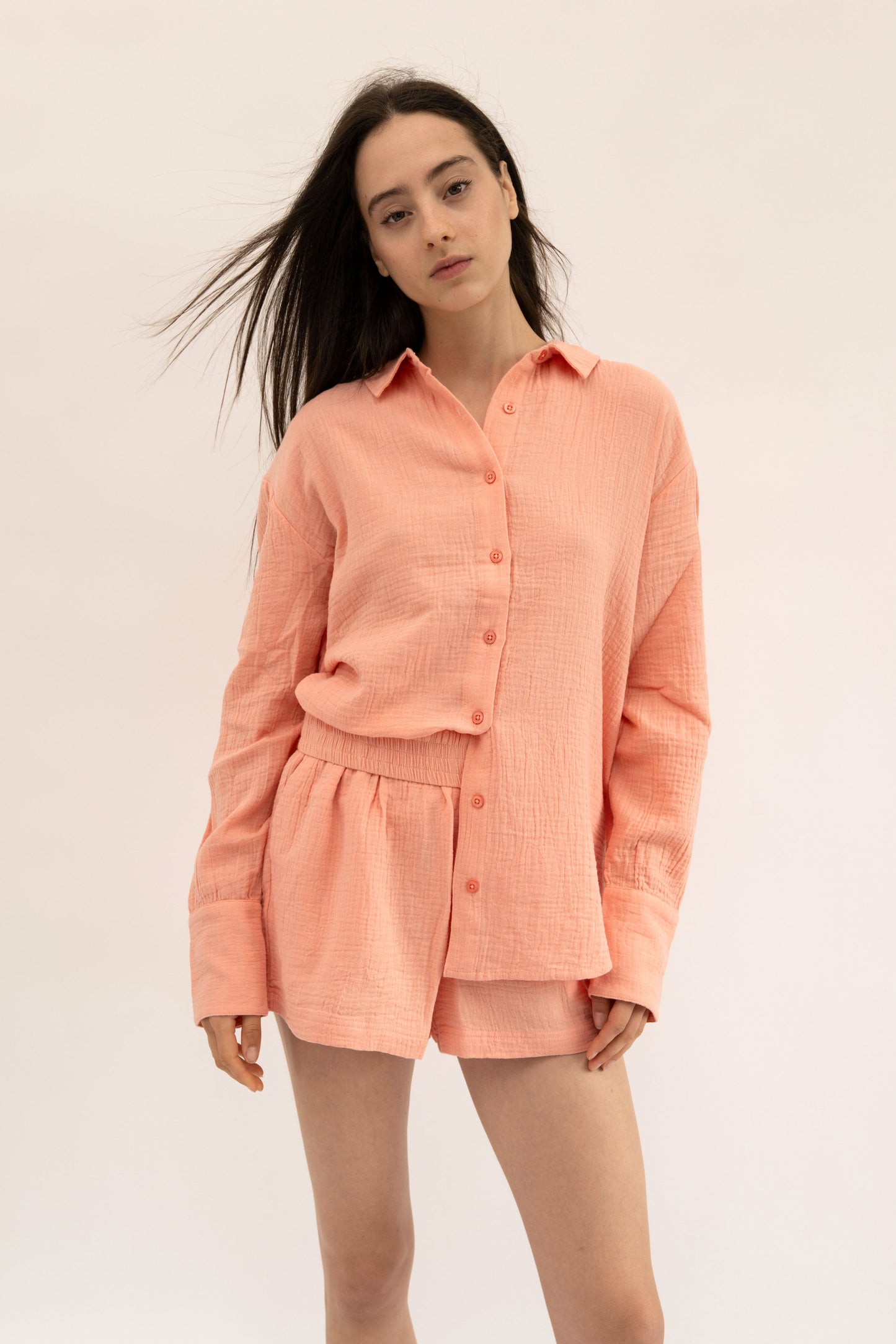 MAUI - CORAL LONG SLEEVE BUTTON DOWN TOP