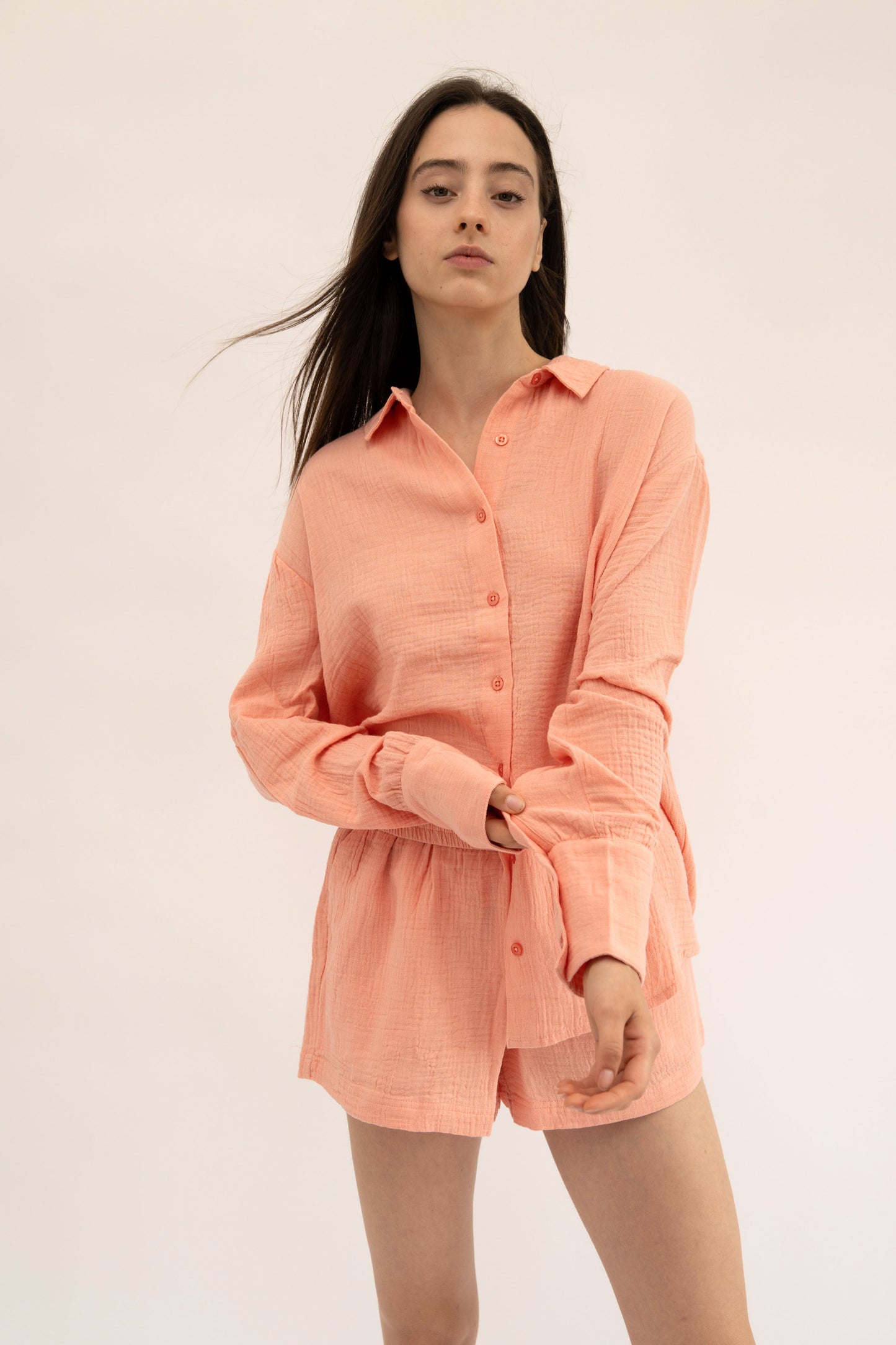 MAUI - CORAL LONG SLEEVE BUTTON DOWN TOP
