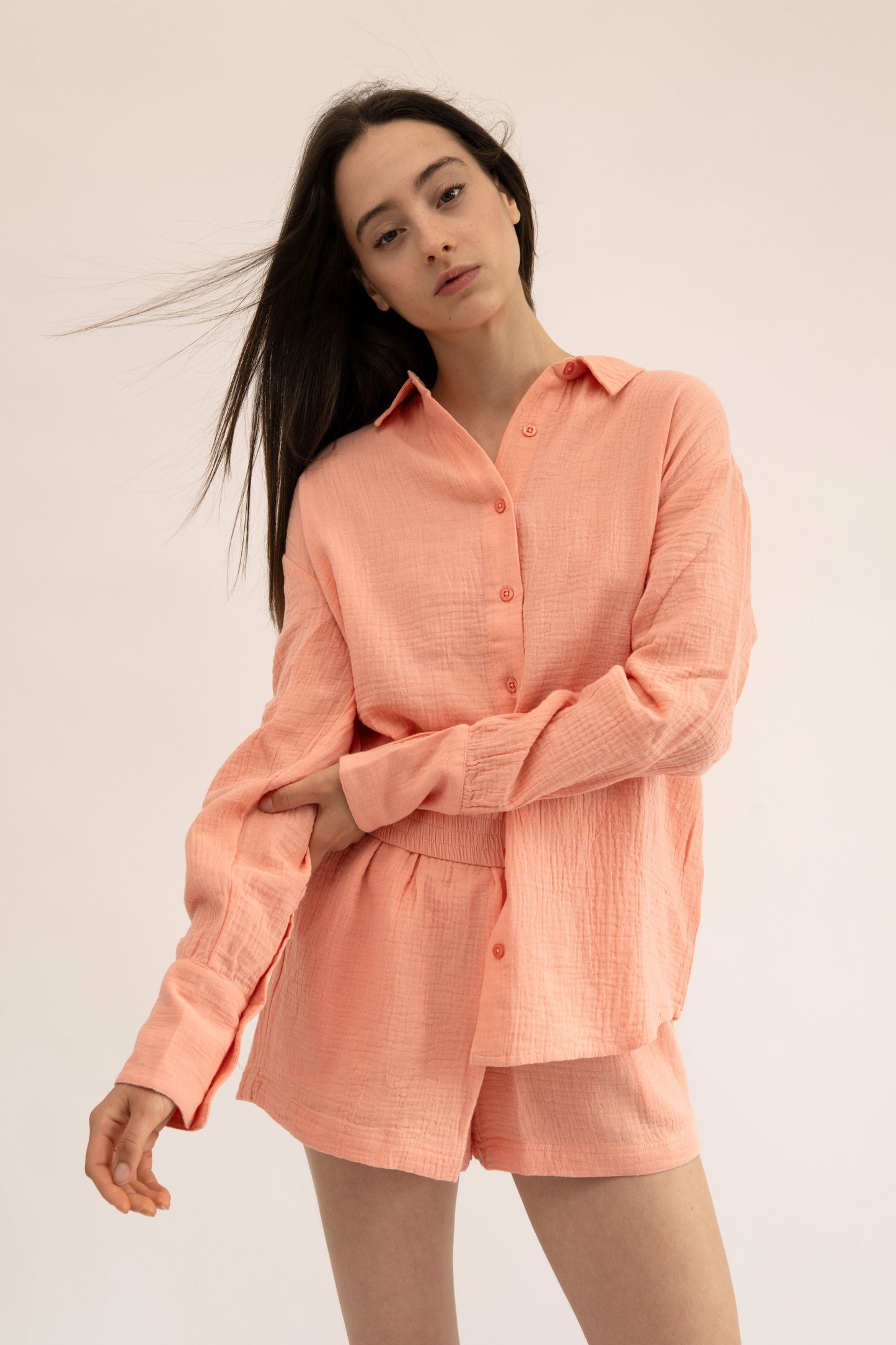 MAUI - CORAL LONG SLEEVE BUTTON DOWN TOP