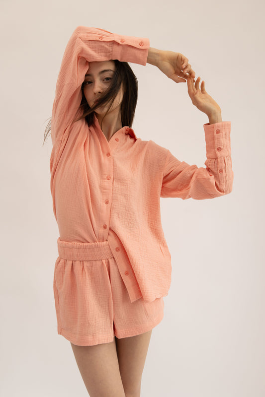 MAUI - CORAL LONG SLEEVE BUTTON DOWN TOP