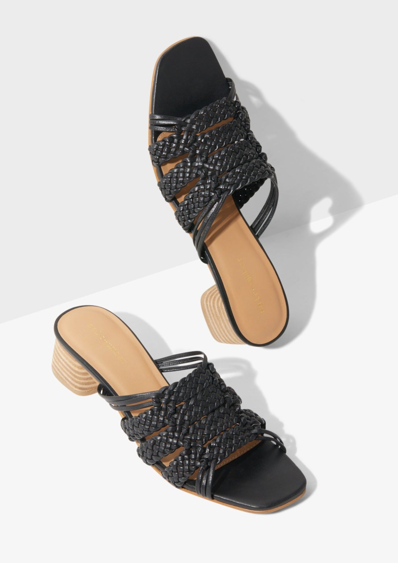 RIVIERA - BLACK leather woven geometric block heel sandals