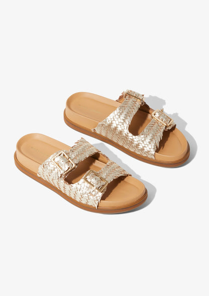 SANTIAG0 - GOLD metallic woven leather footbed buckle slide