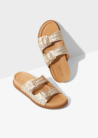 SANTIAG0 - GOLD metallic woven leather footbed buckle slide