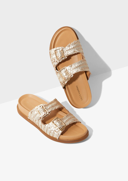 SANTIAG0 - GOLD metallic woven leather footbed buckle slide