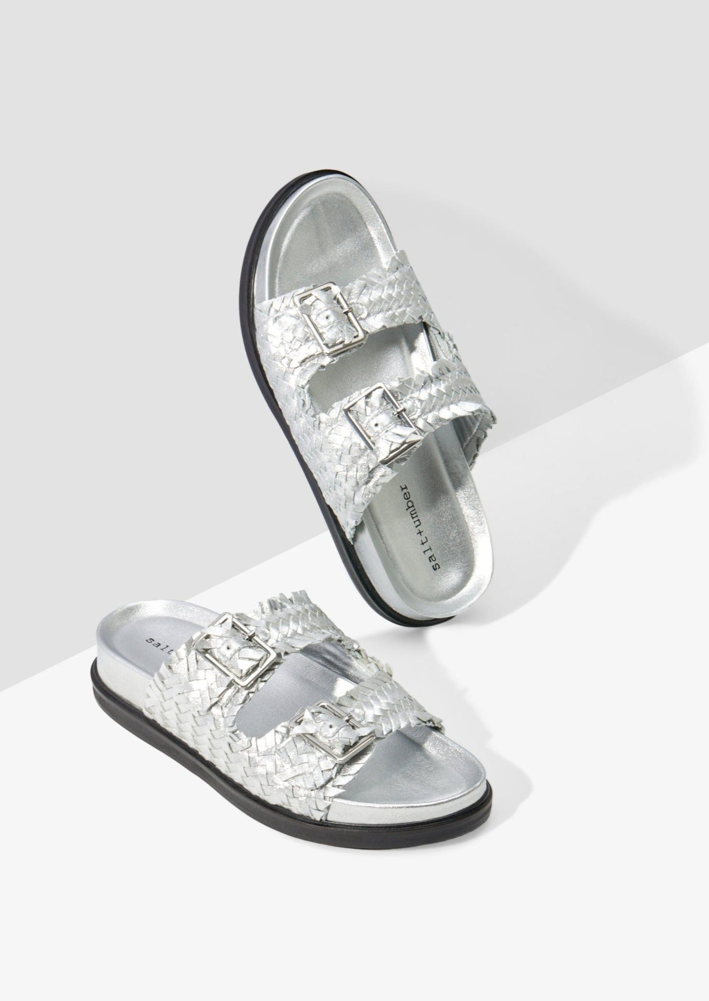 SANTIAG0 - SILVER metallic woven leather footbed buckle slide