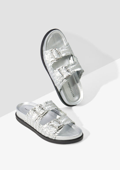SANTIAG0 - SILVER metallic woven leather footbed buckle slide
