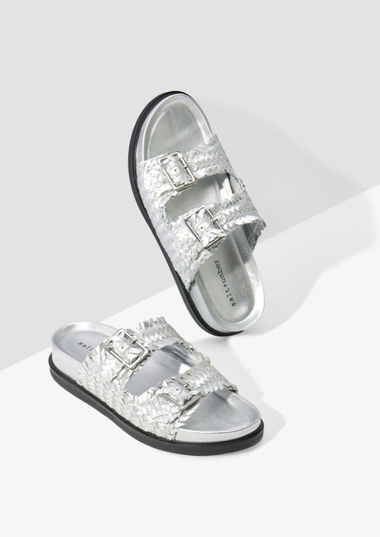 SANTIAG0 - SILVER metallic woven leather footbed buckle slide