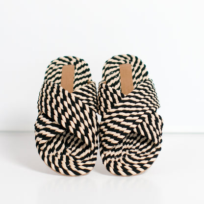 SARAYA - BLACK/WHITE MULTI vegan rope cross band slide sandal