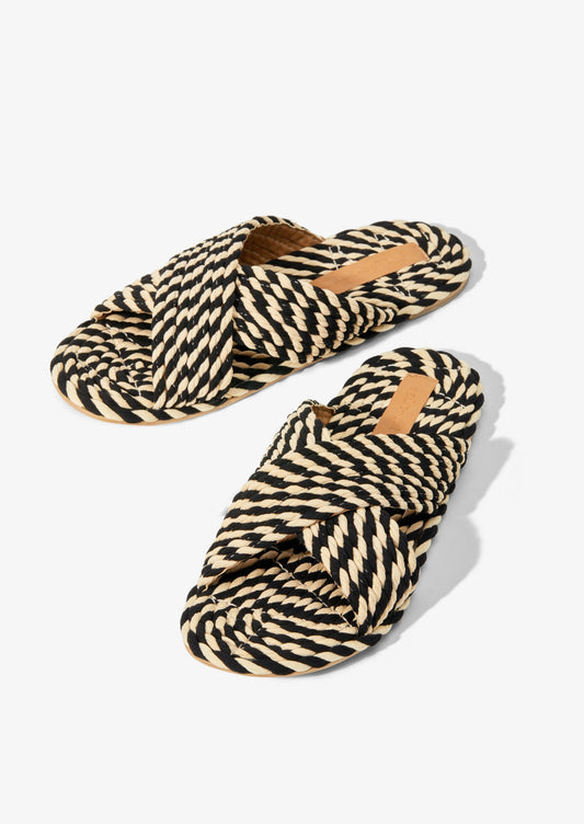 SARAYA - BLACK/WHITE MULTI vegan rope cross band slide sandal