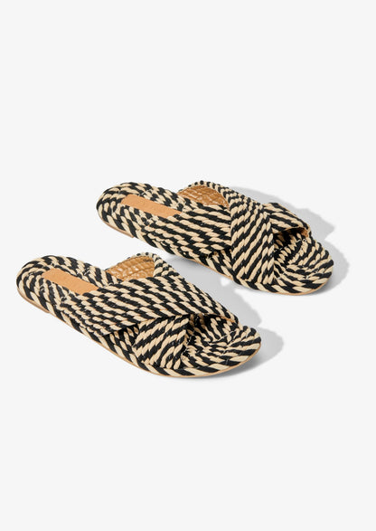 SARAYA - BLACK/WHITE MULTI vegan rope cross band slide sandal