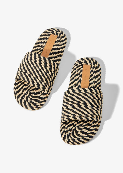 SUNNY - BLACK WHITE MULTI vegan rope slide sandal