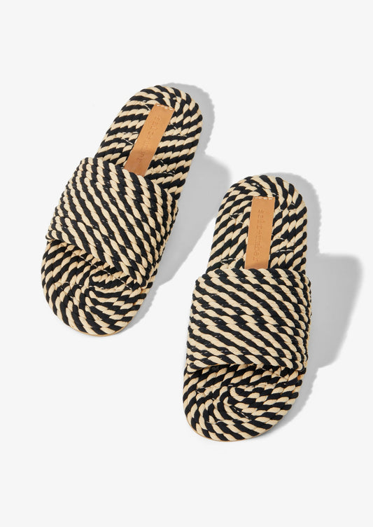SUNNY - BLACK WHITE MULTI vegan rope slide sandal