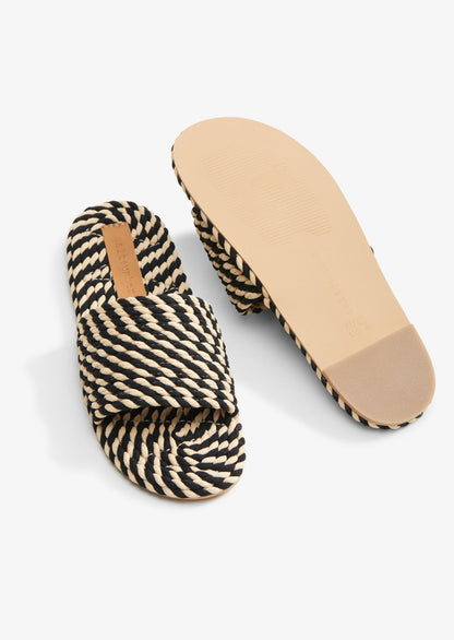SUNNY - BLACK WHITE MULTI vegan rope slide sandal