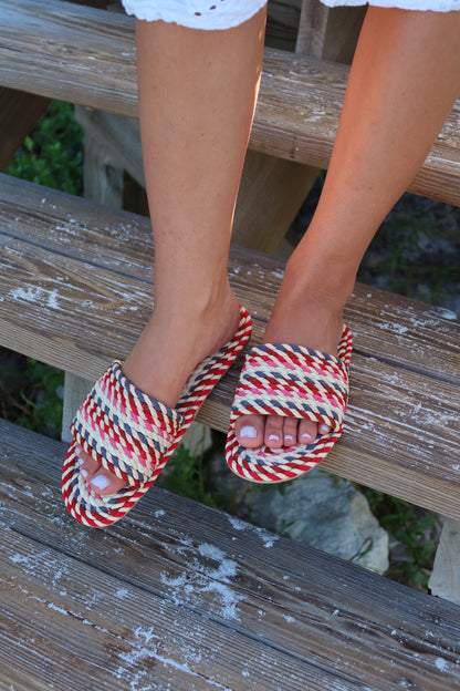 SUNNY- PINK RED MULTI vegan rope slide sandal