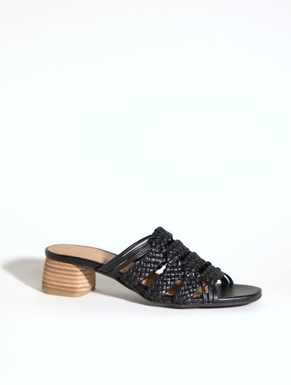 RIVIERA - BLACK leather woven geometric block heel sandals