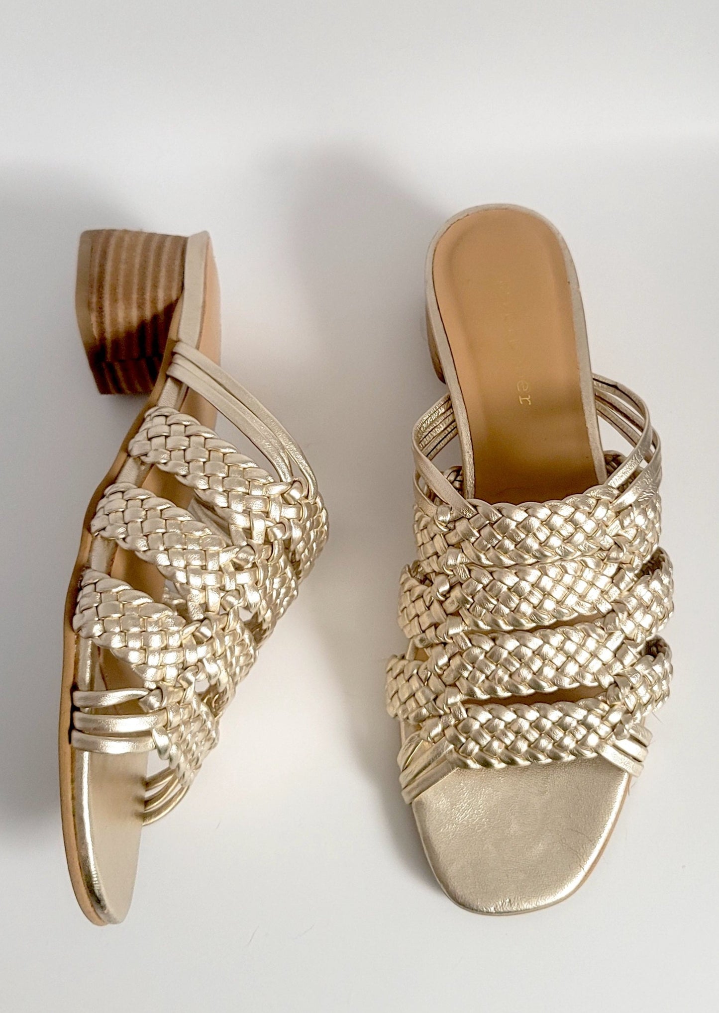 RIVIERA - GOLD leather woven geometric block heel sandals