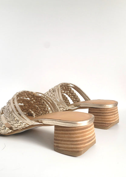 RIVIERA - GOLD leather woven geometric block heel sandals