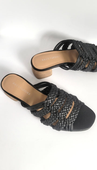 RIVIERA - BLACK leather woven geometric block heel sandals