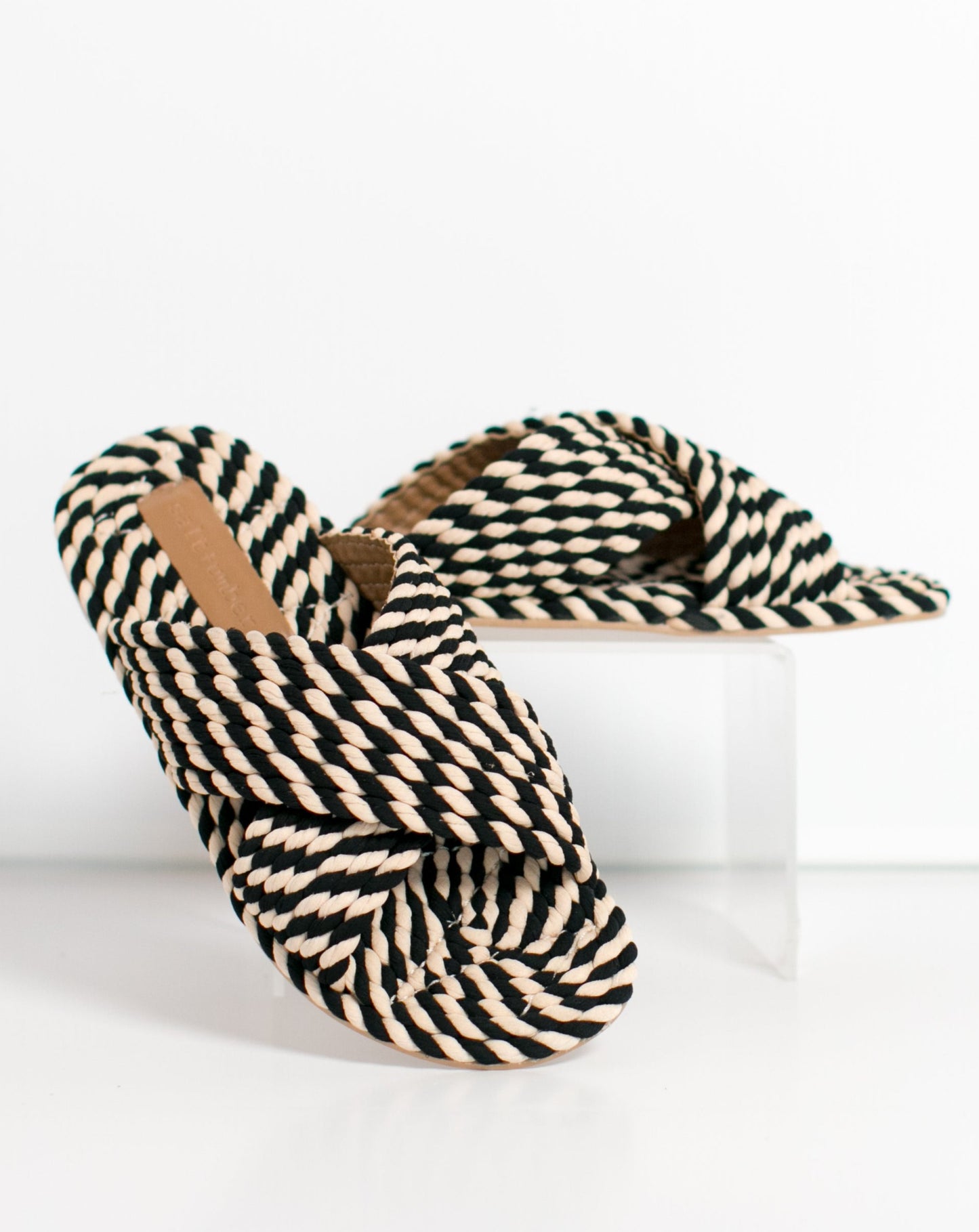 SARAYA - BLACK/WHITE MULTI vegan rope cross band slide sandal