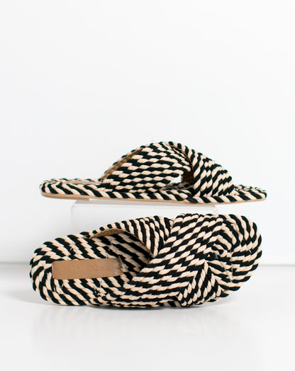 SARAYA - BLACK/WHITE MULTI vegan rope cross band slide sandal
