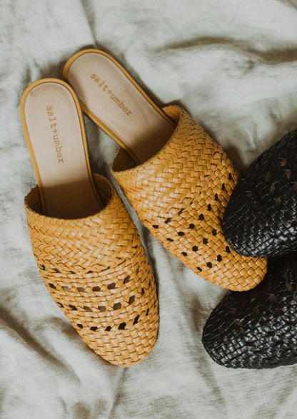 LILY-MUSTARD signature leather woven mules